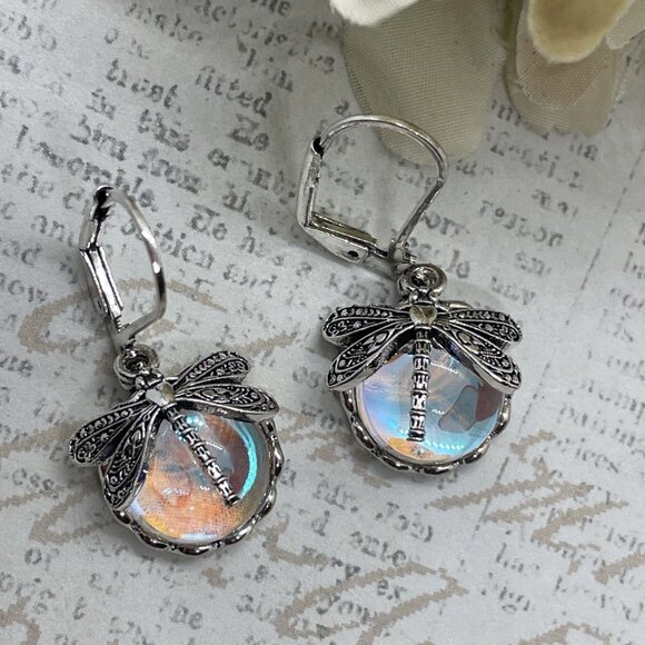 Silver plate Iridescent Dragonfly Wire Opal Earrings Fall Gift Mom Birthday Wife - Picture 9 of 16